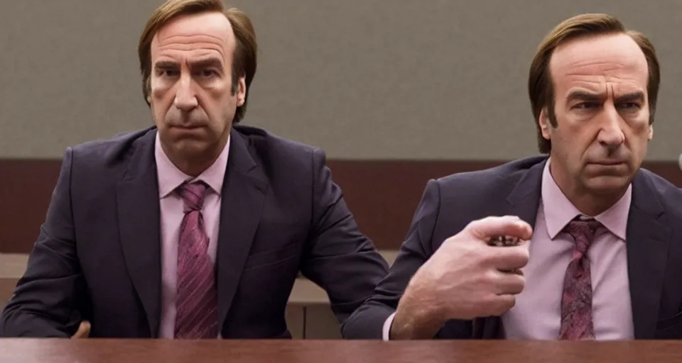 Prompt: saul goodman wearing a dark pink suit in court, still from better call saul