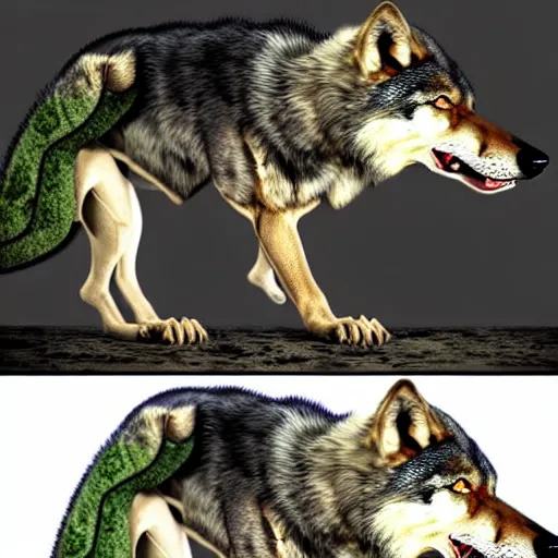 Image similar to chimera made of a wolf and a crocodile, awarded on pixiv, trending on deviantart, professional photoshop utilizing real life photos