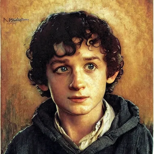 Prompt: Frodo Baggins head and shoulders portrait by norman Rockwell, epic