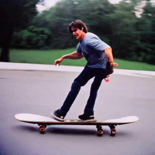 Image similar to photo tom cruise skateboarding, cinestill, 800t, 35mm, full-HD