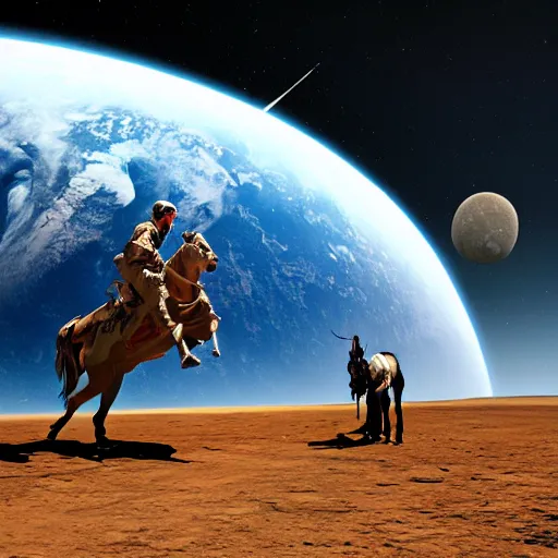 Image similar to apollo 8 cowboy earthrise cowboy in cowboy space, octane render, blender render, unreal engine, 3 5 mm, cowboy, with earth in rising in the sky in the background