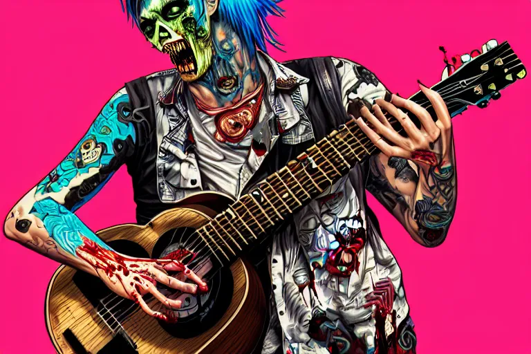zombie punk rocker playing acoustic guitar, tristan | Stable Diffusion