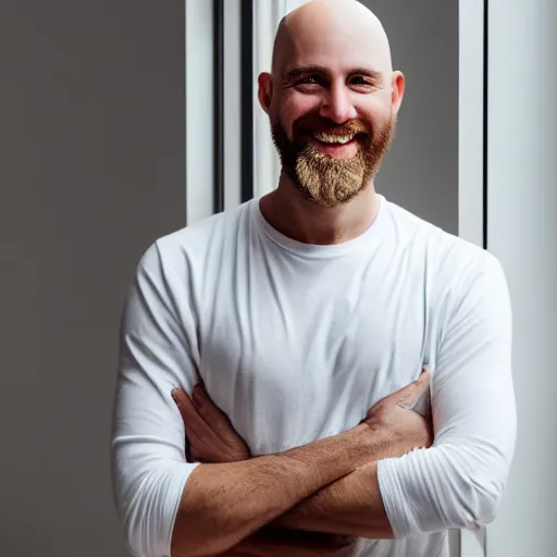 Prompt: portrait of 3 0 year old bald white man sitting in a white room with a window in the background, holding up hand with stay loose sign, the man has a slight beard and is smiling slightly and tilting his head to the right
