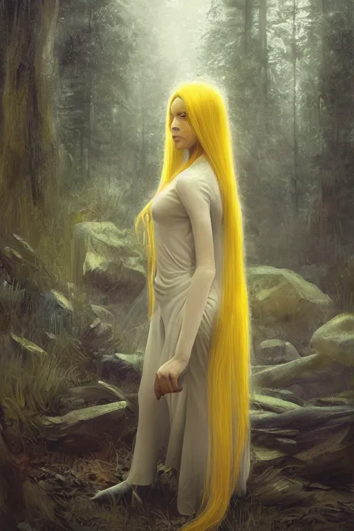 Prompt: digital drawing of wizard woman with long yellow hair standing in a forest by jeremy lipking and greg rutkowski and artgerm rendered in octane, beuatiful lighting