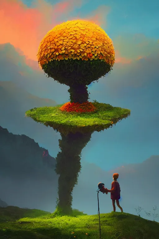 Image similar to giant daisy flower head, in the mountains, surreal photography, sunrise, dramatic light, impressionist painting, colorful clouds, digital painting, artstation, simon stalenhag