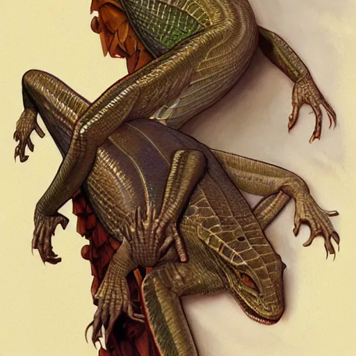 Image similar to fullbody!! jesus the lizard king on the cross, scaly cold blooded reptilian, claws, intricate, elegant, highly detailed, digital painting, artstation, concept art, smooth, sharp focus, illustration, art by artgerm and greg rutkowski and alphonse mucha