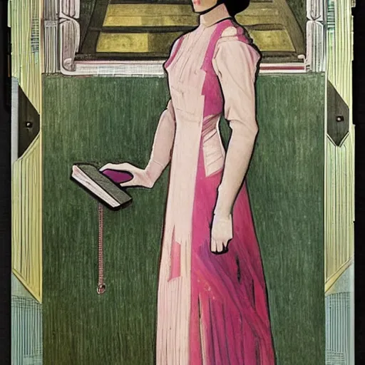 Prompt: a 2 1 st century jugendstil dress, woman with ipad