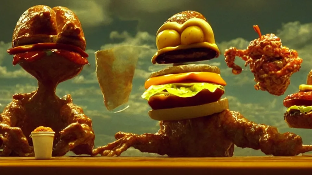 Image similar to the strange cheeseburger creature at the fast food place, film still from the movie directed by denis villeneuve and david cronenberg with art direction by salvador dali and zdzisław beksinski, pixar, wide lens