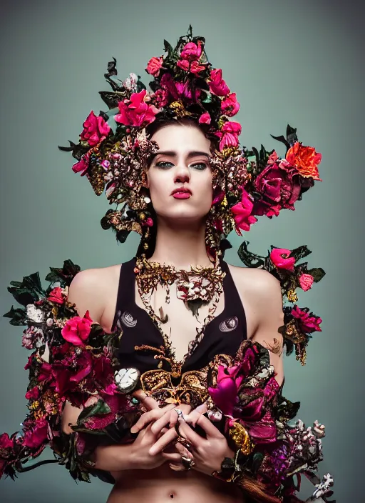 Prompt: full body environmental portrait photo of a female model, ornate headpiece made from flowers, ornaments, glamour shot by gemmy woud - binnendijk, chris knight, photorealistic, canon r 3, fashion photography, ornate, symmetrical features, octane render, unreal engine, solid dark background, clamp shell lighting, rim lighting