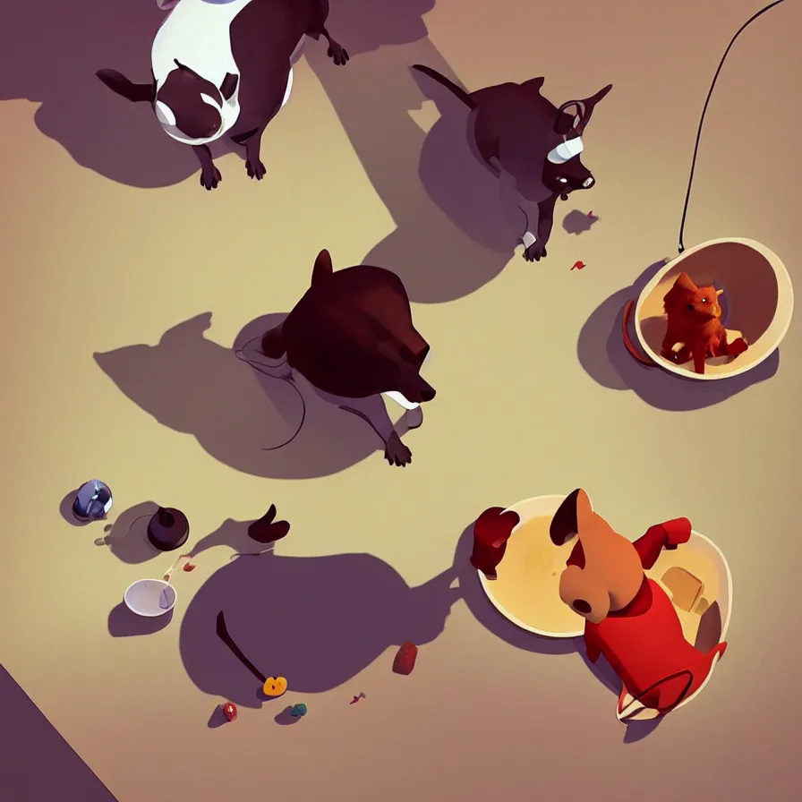 Image similar to Goro Fujita illustrating a dog looking down from the top of the sofa at his food bowl, art by Goro Fujita, sharp focus, highly detailed, ArtStation