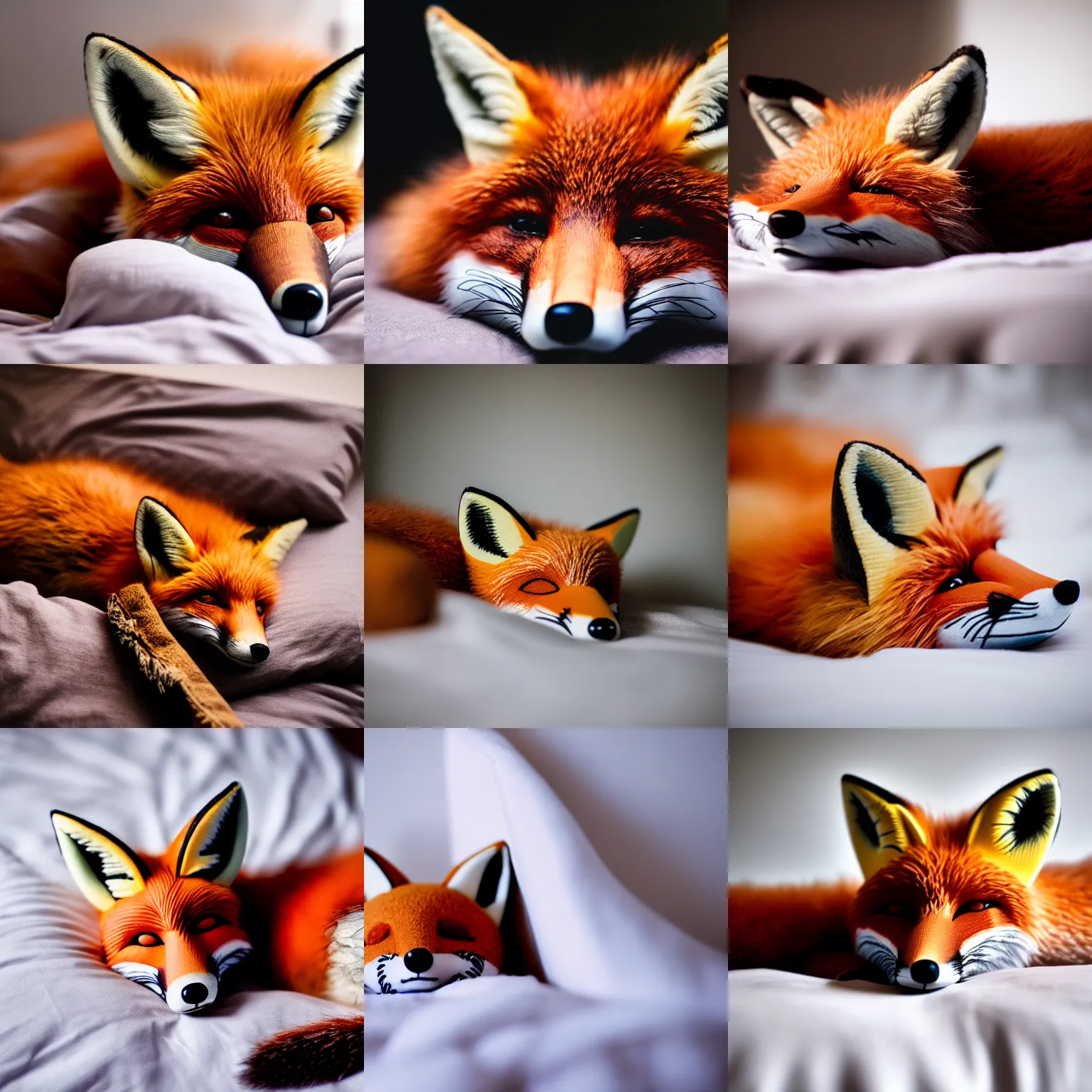 Prompt: a cute photograph of a fox lying in bed sleeping, eyes closed, soft focus, studio lighting, 50mm