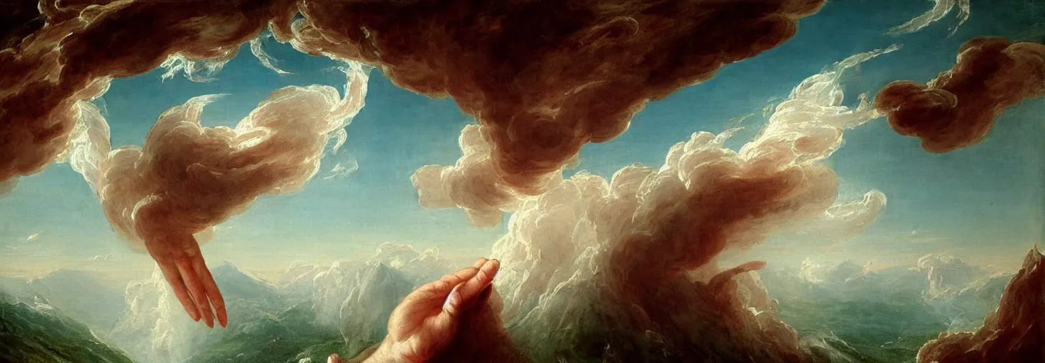 Prompt: a painting of a hand descending from the clouds demanding payment, in the style of an epic Thomas Cole painting