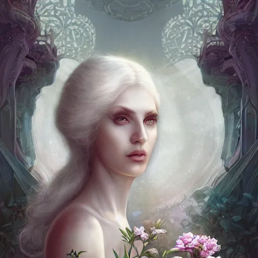 Prompt: white haired robe celestial goddess full body portrait, flower corridor, atmospheric lighting, perfect shadow, fine kindness delicate prefect face features gaze, elegant, smooth, style of tom bagshaw, cedric peyravernay, peter mohrbacher, victo nga, james jean, ross tran, louis comfort tiffany, raphael lacoste, 4 k hd illustrative wallpaper, chinese style