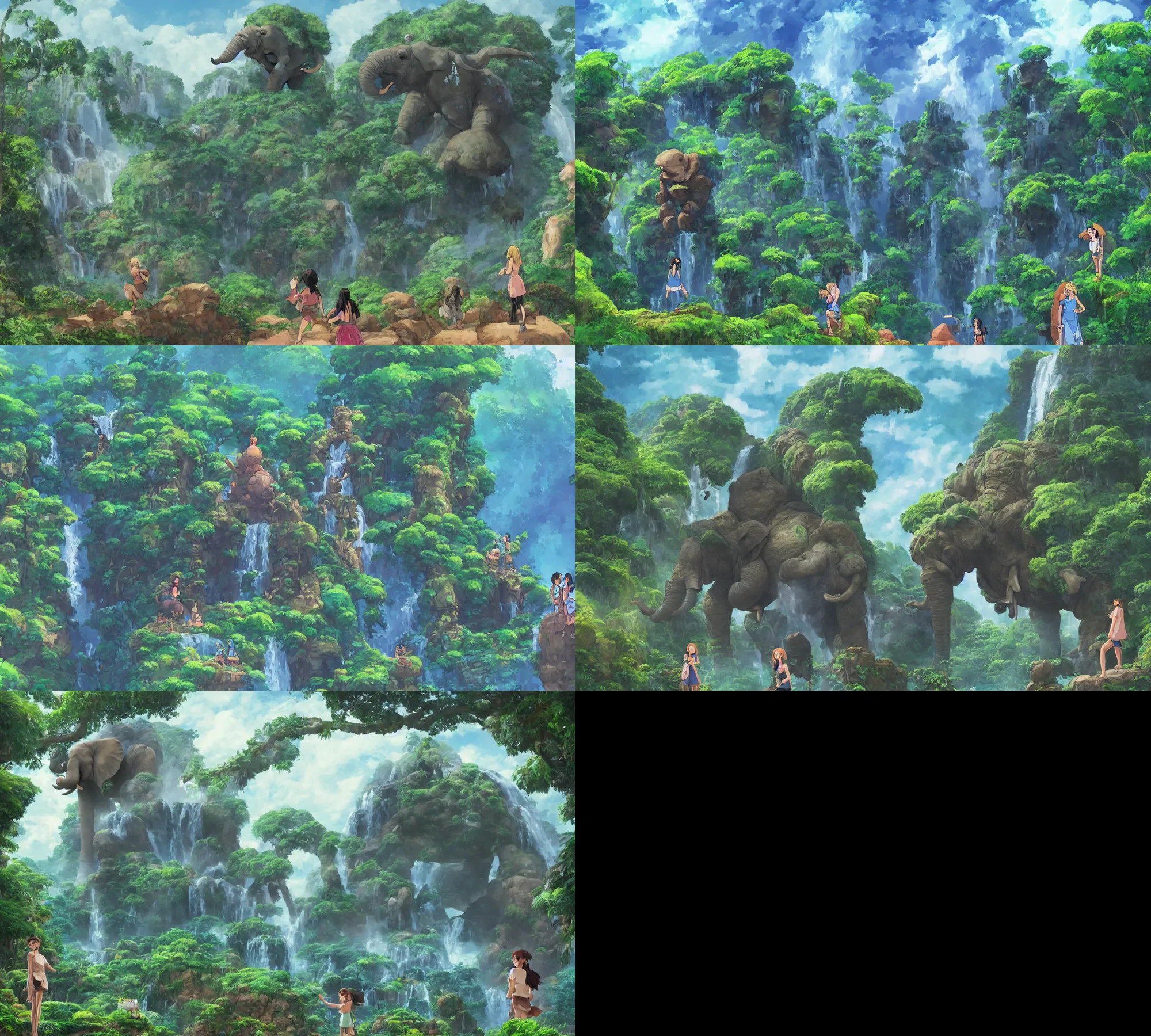 Prompt: a giant elephant stone golem in a lush landscape, a blue warrior girl in front of it, waterfalls on the left, epic, in style of studio Ghibli