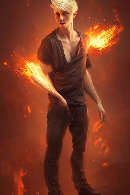 Image similar to character art by bastien lecouffe - deharme, young man, blonde hair, on fire, fire powers