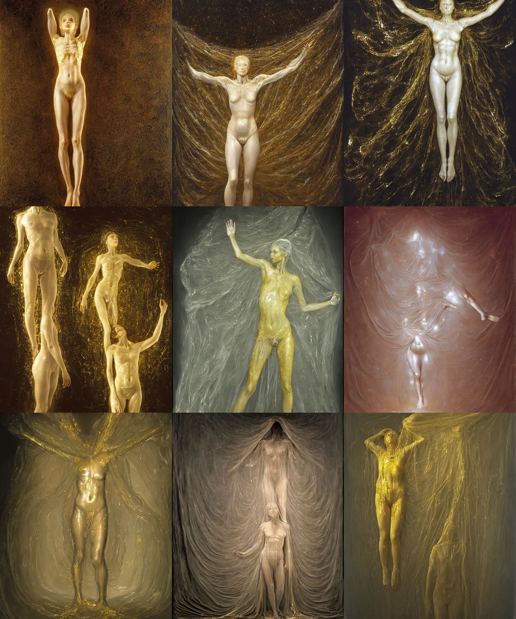 Prompt: Beautiful full-body wax sculpture of glowing transparent woman in transparent cloth with visible gold bones covered with melted white wax inside the singularity where stars becoming baroque folds of dark matter by Michelangelo da Caravaggio, Nicola Samori, William Blake, Alex Grey and Beksinski, dramatic volumetric lighting, highly detailed oil painting, 8k, masterpiece