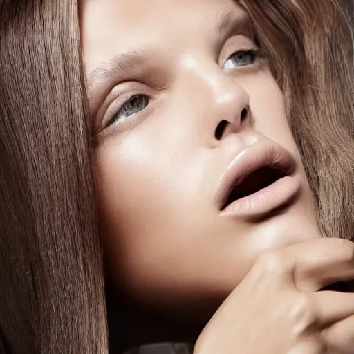 Prompt: close up of face of female fashion model, sitting on chair, beige colors, official jil sander editorial, highly detailed