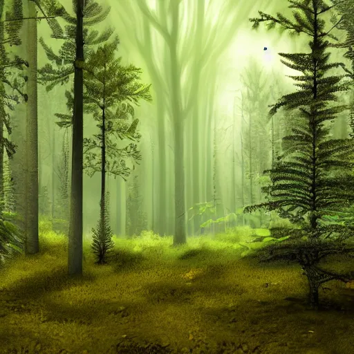 Image similar to dark pine tree forest clearing, with a small stream burbling along enclosed with fern, fireflies in the air, photorealistic, dimly lit, no breeze, mist over the ground, ground covered in pine needles and leafes