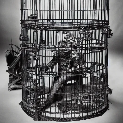 Image similar to creature locked in a cage being studied by scientists in a warehouse, 1 9 2 0's sci - fi, black and white, 8 k, highly ornate intricate details, extreme detail,