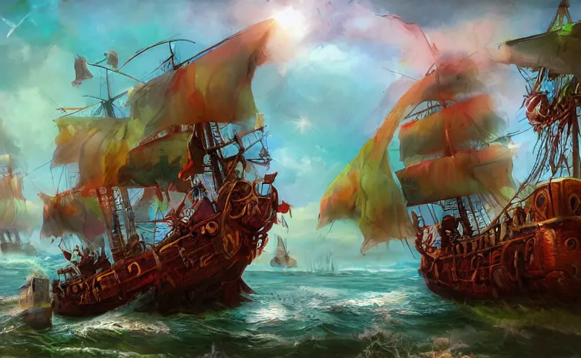 Image similar to pirate ship, storybook, colorful, lush, artstation