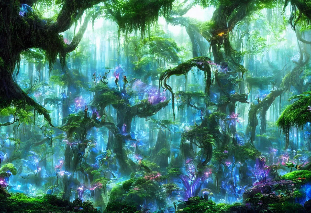 Prompt: A masterpiece digital art piece of a glowing magical forest form the movie Avatar. There are glowing blue plants, glowing red mushrooms, big trees and overhanging shrubbery. The air is fresh, stress-relieving. Heaven on earth. Trending on Artstation, cgsociety.
