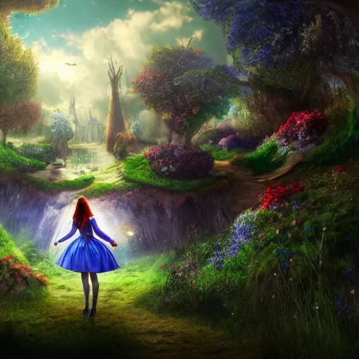 Prompt: photorealistic fantasy concept art of the world of Alice and wonderland landscape, dynamic lighting, magical, mysterious, hyperrealism, 8k resolution, HD quality