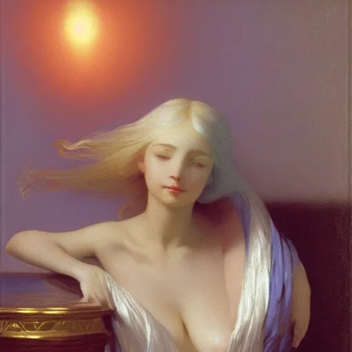 Image similar to a young woman's face, her hair is white and she wears a cobalt blue satin cloak, by ivan aivazovsky and syd mead and moebius and gaston bussiere and roger dean and pieter claesz and paul delaroche and alma tadema and aelbert cuyp and willem claesz, hyperrealistic, volumetric light, octane render