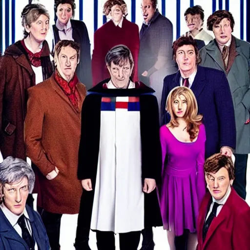 Prompt: stephen fry as doctor who, bbc promotional artwork, full cast shot