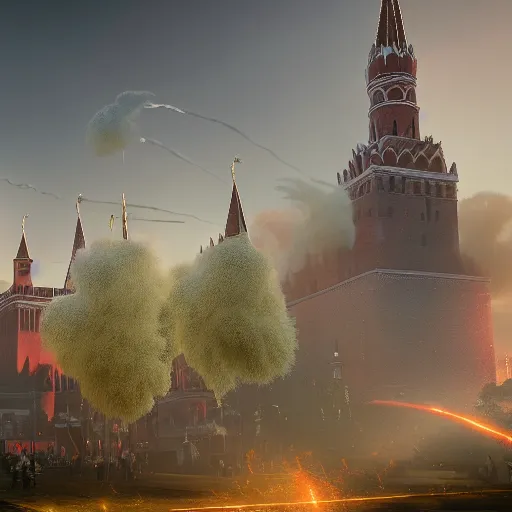 Image similar to huge explosions in the form of white cotton plants in Red Square Kremlin, beautiful dynamic lighting, cinematic, extremely high detail, photo realistic, cinematic lighting, post processed, concept art, artstation, matte painting, unreal engine 8k