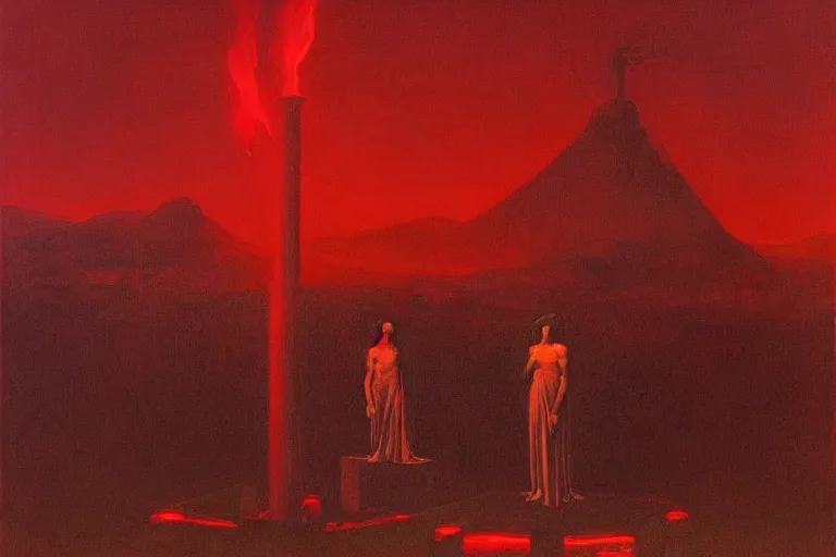 Prompt: only with red, a red melted apollo with a laurel wreath and a flaming sword announce the win, athens in the background, in the style of beksinski, part by hopper, part by rodcenko, part by hofbauer, intricate composition, red by caravaggio, insanely quality, highly detailed, masterpiece, red light, artstation