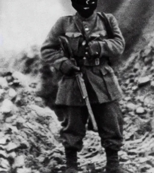 Image similar to a soldier wearing a black mask in distance, ww1 film photo, grainy, high detail, high resolution