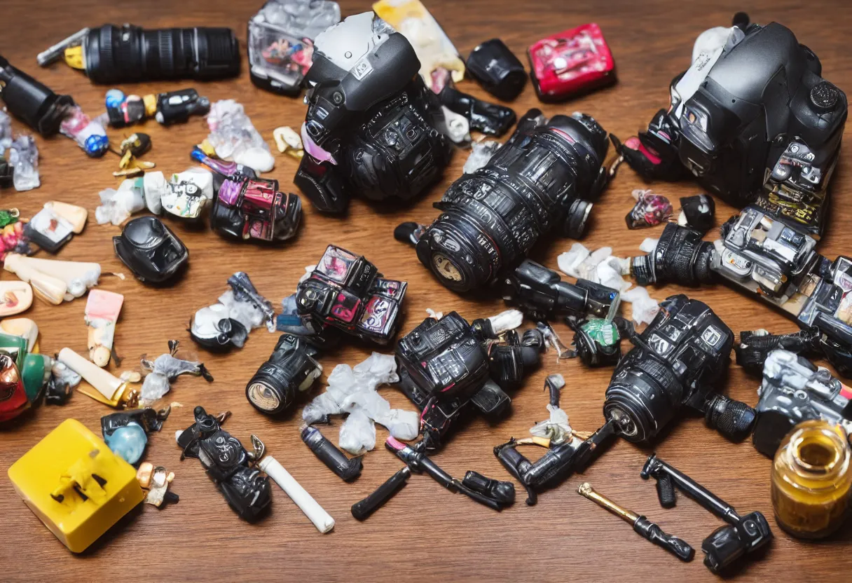 Image similar to wide dslr photo still of an occult toy on a table cluttered with drug paraphernalia