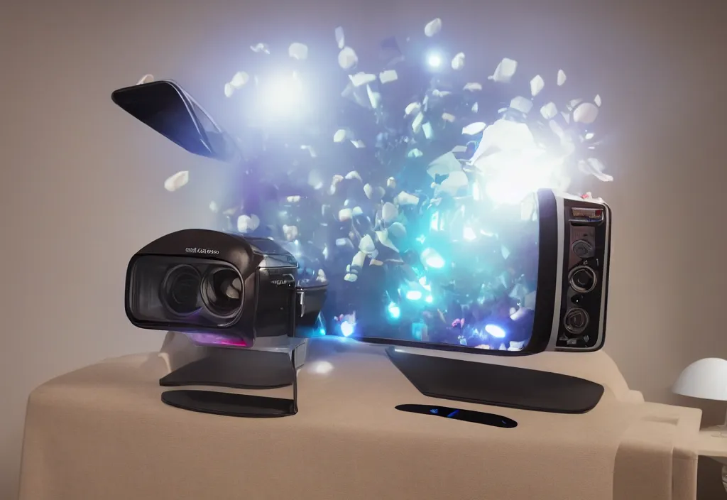 Image similar to 3 dtv dragon popping out of tv, volumetric lighting, bedroom, visor, users, pair of keycards on table, bokeh, creterion collection, shot on 7 0 mm, instax