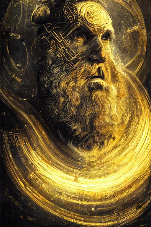 Image similar to mythological odin all father god of thunder and artificial intelligence creating himself with an artificial neural network with gold synapses, high resolution, award winning art, trending on art station, sharp image, incredibly detailed, detailed character realistic painting