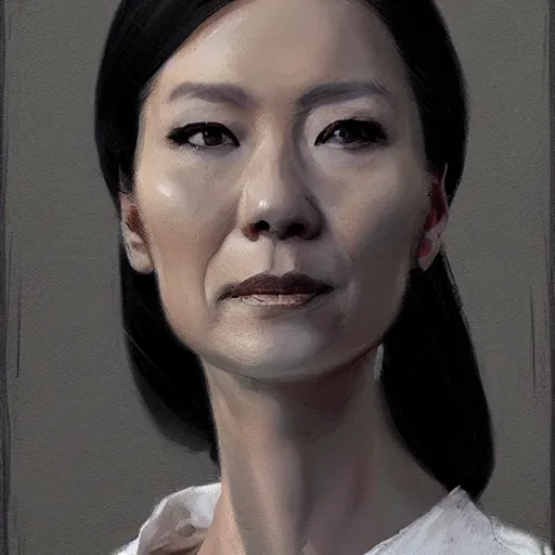 Image similar to Portrait of a woman by Greg Rutkowski, she is about 50 years old, japanese, black straight hair, attractive, elegant, airs of superiority, boss vibes, she is wearing white and black utilitarian jumpsuit, highly detailed portrait, scifi, digital painting, artstation, concept art, smooth, sharp foccus ilustration, Artstation HQ.