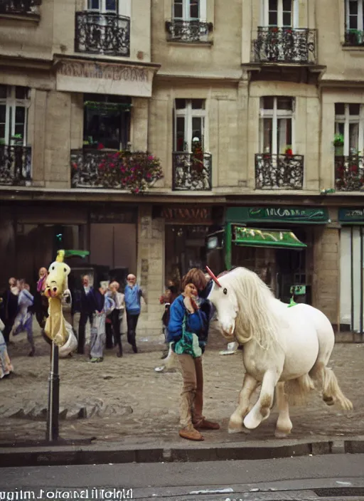 Image similar to a unicorn in paris with a cabbage and a cat out flying out of its horn, canon 5 d 5 0 mm lens kodachrome