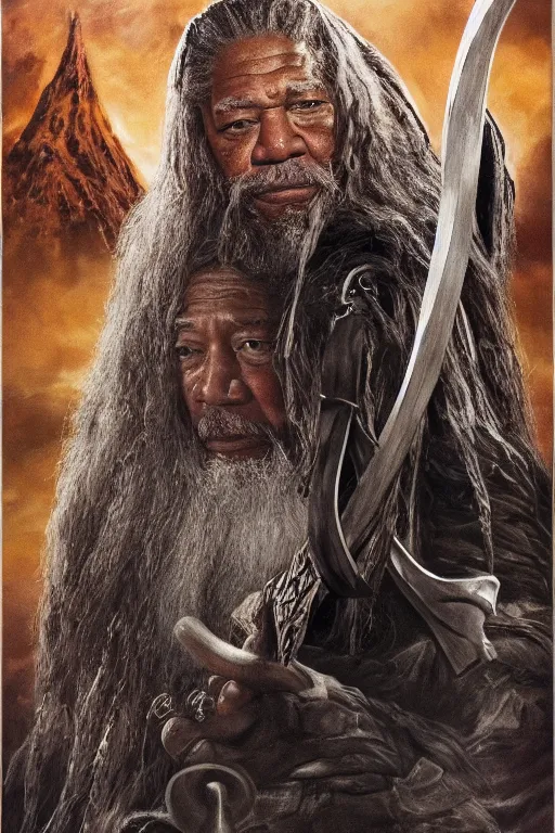 Image similar to morgan freeman starring as gimli in lord of the rings, full body, oil on canvas, intricate, 8 k highly professionally detailed, hdr, cgsociety