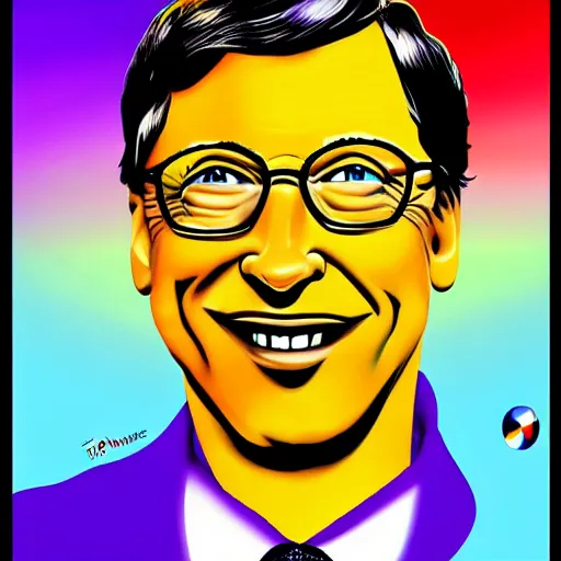 Image similar to Peter Max portrait of Bill Gates on acid