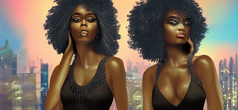 Image similar to portrait of a beautiful black woman with afro hair, cyberpunk rio de janeiro background, digital art, trending on artstation, brushstrokes, backlit, corcovado on the background