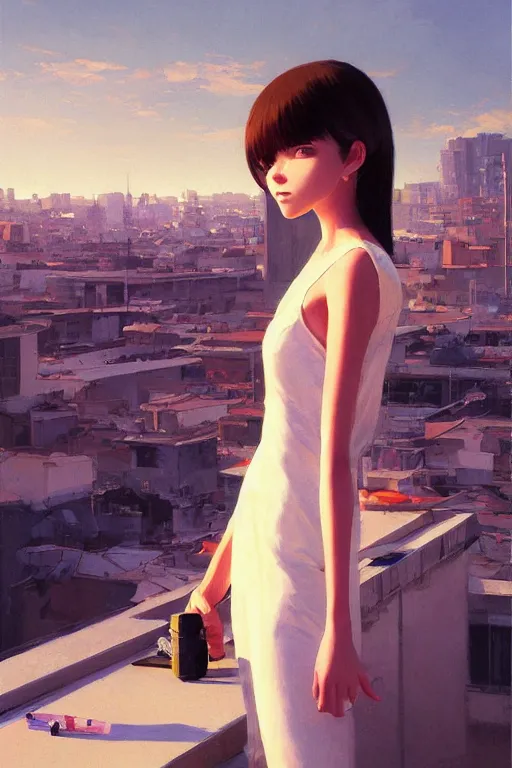 Image similar to A ultradetailed beautiful panting of a stylish girl painting on a canvas, she is standing on a rooftop, by Ilya Kuvshinov, Greg Rutkowski and Makoto Shinkai