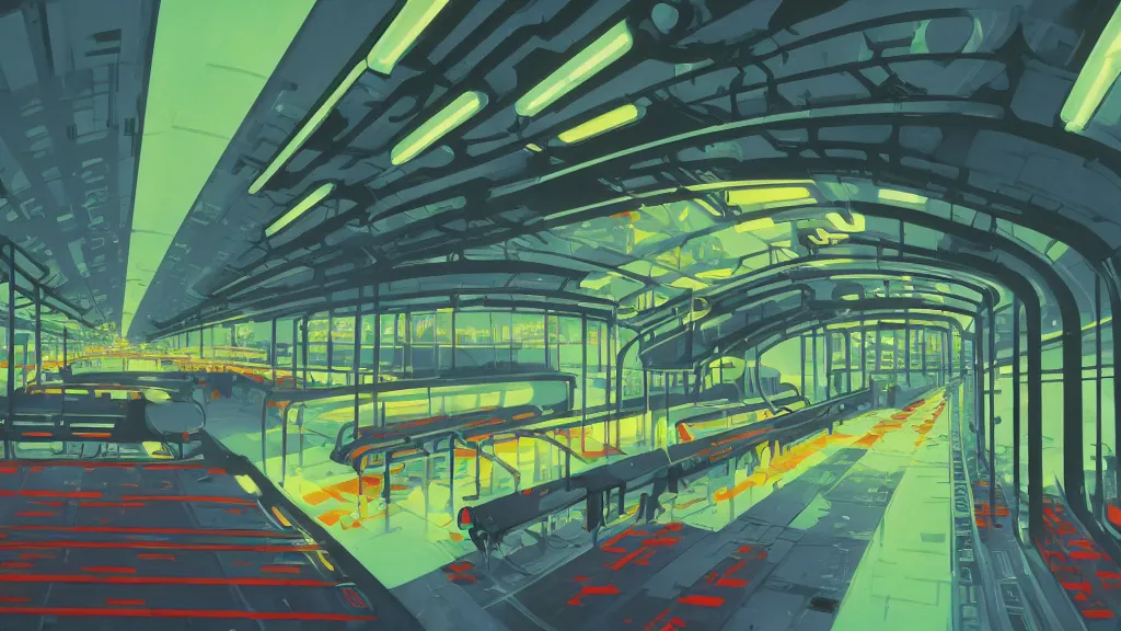 Image similar to 7 0 s sci - fi train station interior, retrofuturism, gouache, animated film, stylised, illustration, by eyvind earle, scott wills, genndy tartakovski