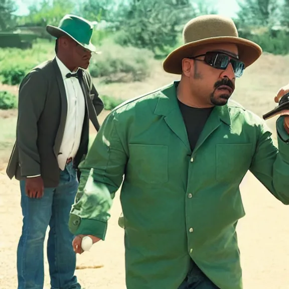 Prompt: Still from Better Call Saul of Big Smoke with green clothing and trilby hat, swinging a baseball bat