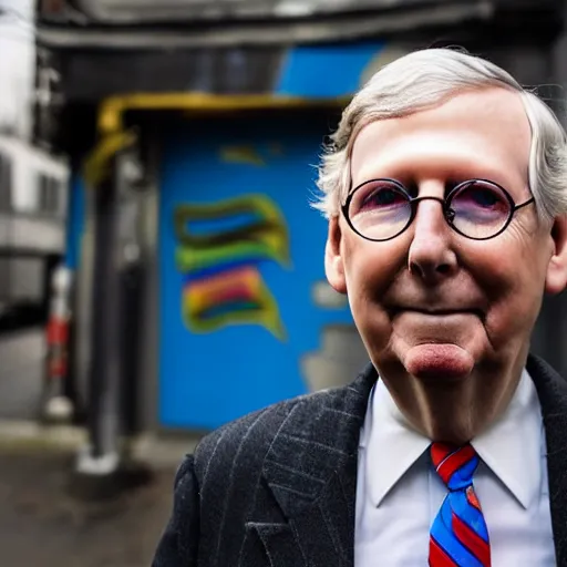 Image similar to senator mitch mcconnell as a soundcloud rapper with face tattoos and gold teeth and rainbow colored hair, profile portrait in front of urban alleyway