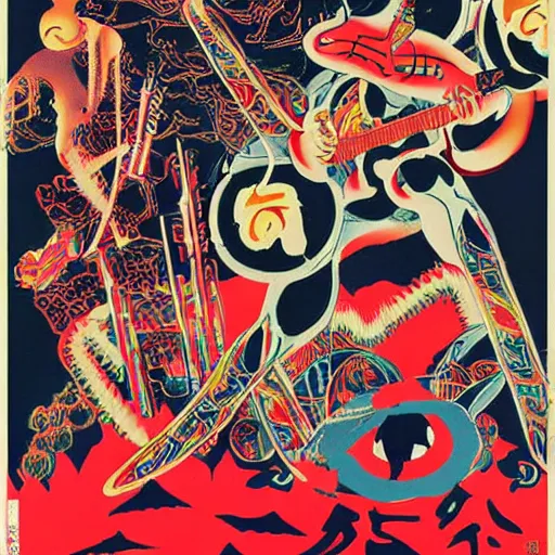 Prompt: Japanese psychedelic poster art for a concert featuring a band named “OMNISCURO”,