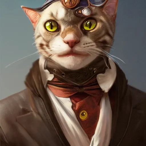 Prompt: portrait, male humanoid cat, monocle over one eye, black fur, pirate, doctor, pirate clothes, d & d, fantasy, intricate, elegant, highly detailed, digital painting, artstation, concept art, matte, sharp focus, illustration, art by artgerm and greg rutkowski and alphonse mucha