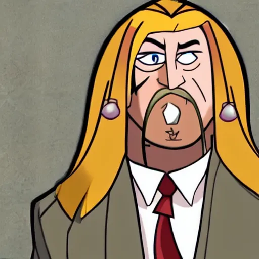 Image similar to Head-to-shoulder shot of Triple H as a Disney character wearing his in-ring gear, Disney, cartoon, Disney style, 2d, drawn image, beautifully drawn, Disney 2d animation still, digital 2D animation, traditional animation, Disney style, Disney animation, Deviantart, very coherent symmetrical artwork