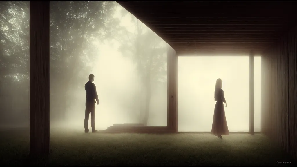 Prompt: portrait of a woman and a man standing on the threshold of a wooden house, fog, volumetric lighting, mystique, atmospheric, sharp focus, ultra detailed, ross tran, thierry doizon, kai carpenter, ignacio fernandez rios, noir art house, 4 k, 3 5 mm