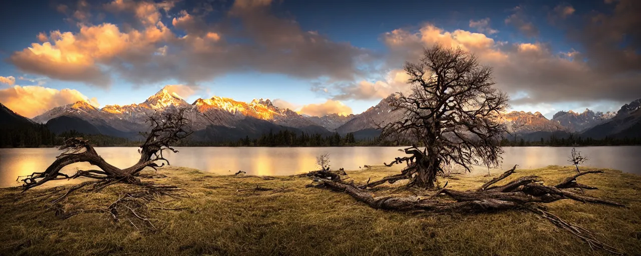 Image similar to landscape photography by marc adamus, dead tree in the foreground, mountains, lake