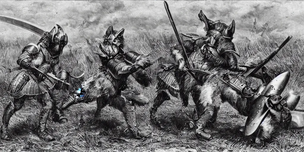 Image similar to anthropomorphic furry wolf in armor fighting in a battlefield, 1900s picture