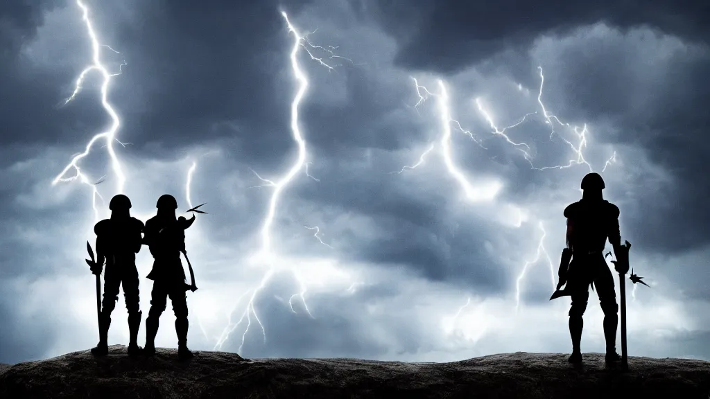 Image similar to two warriors holding swords standing looking up at a villain silhouette thunder lighting storm heavy rain dark clouds